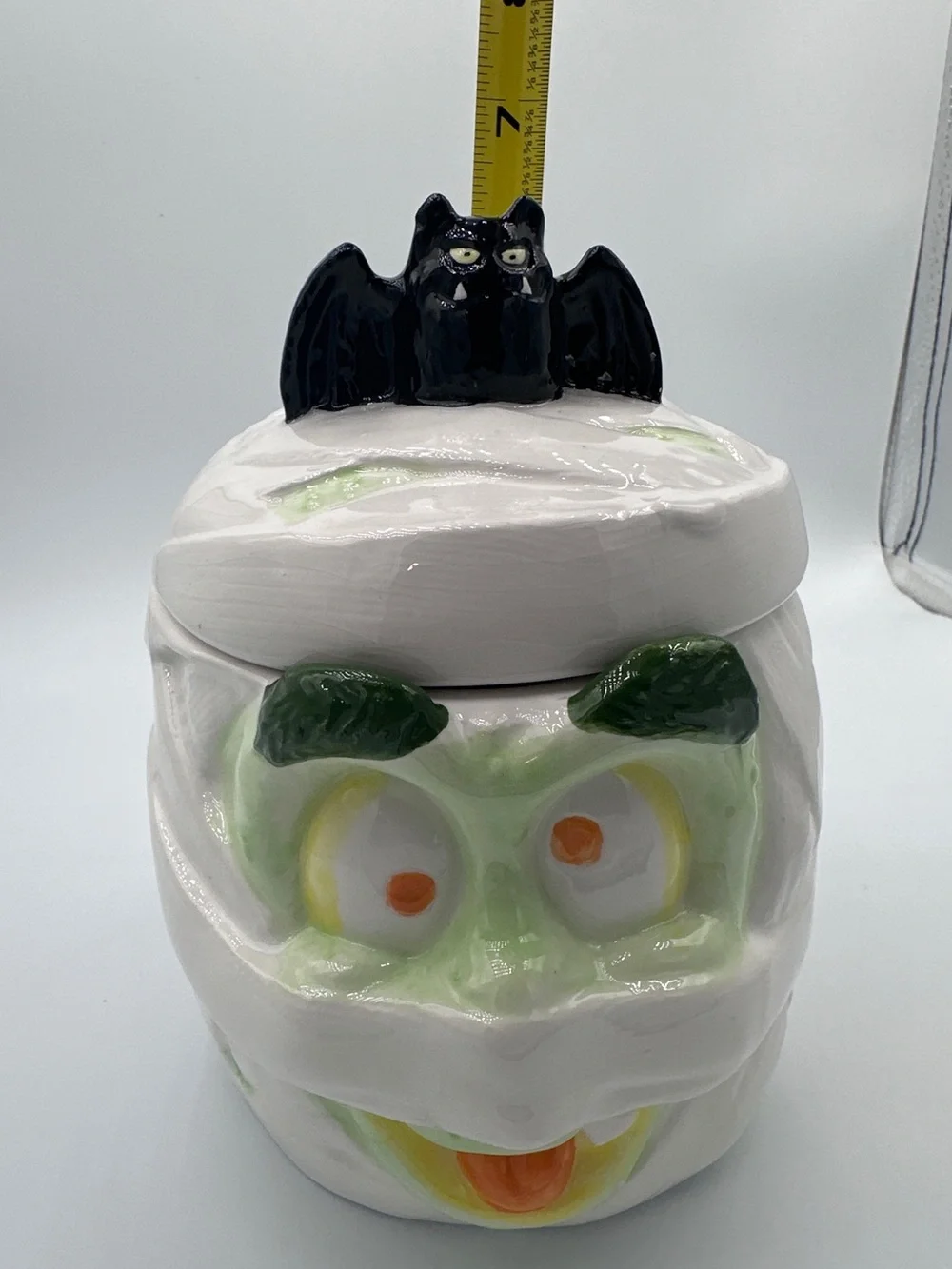 Halloween Mummy Treat Jar with Black Bat Lid - White & Green